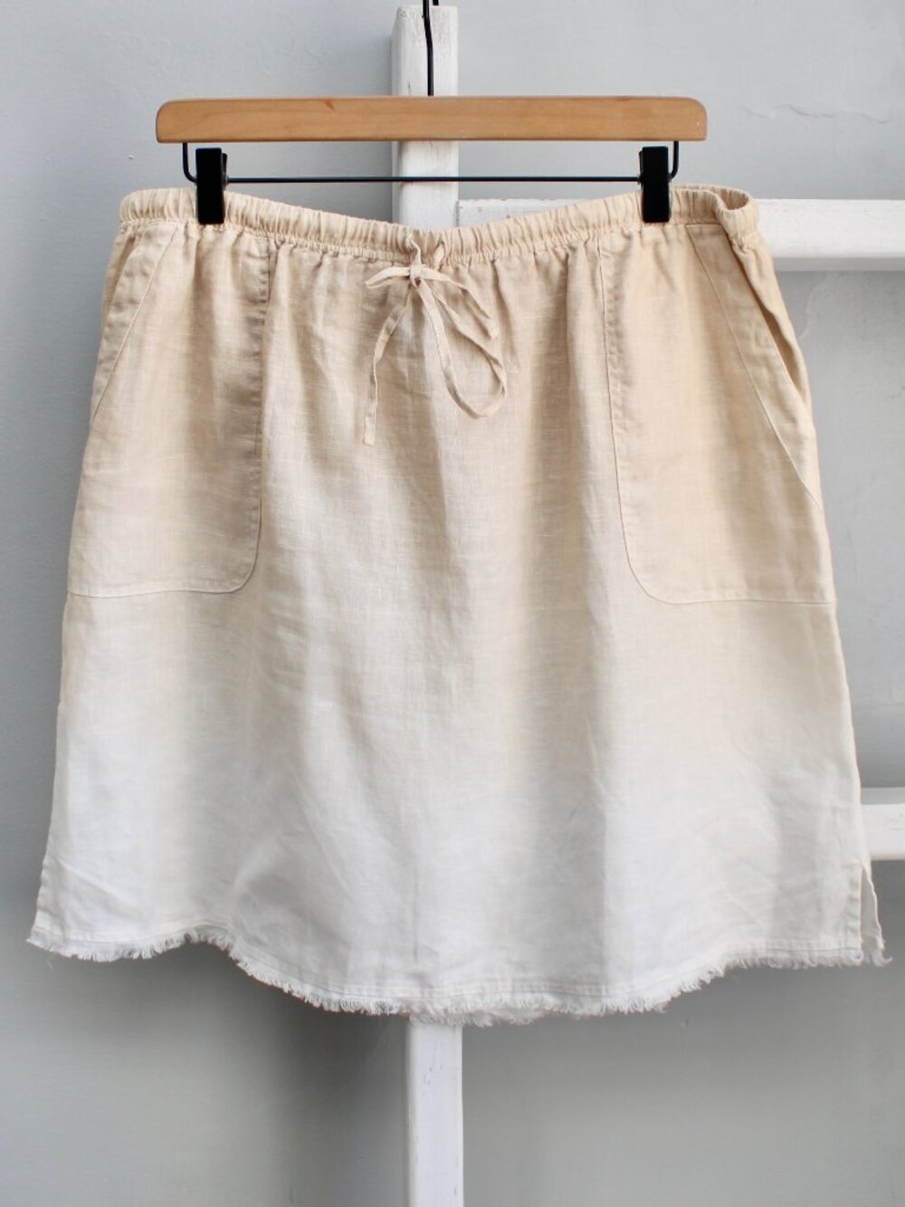 Pure Amici 100% Linen Tan White Ombre Drawstring Distressed Mini Skirt Size XL